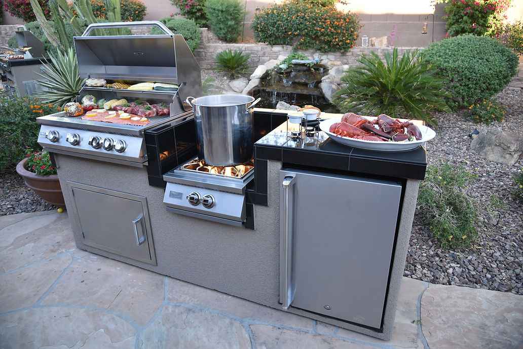 KoKoMo Power Burner Outdoor Kitchen BBQ Island – 7'6" with 4-Burner Grill, Wok Burner & Refrigerator