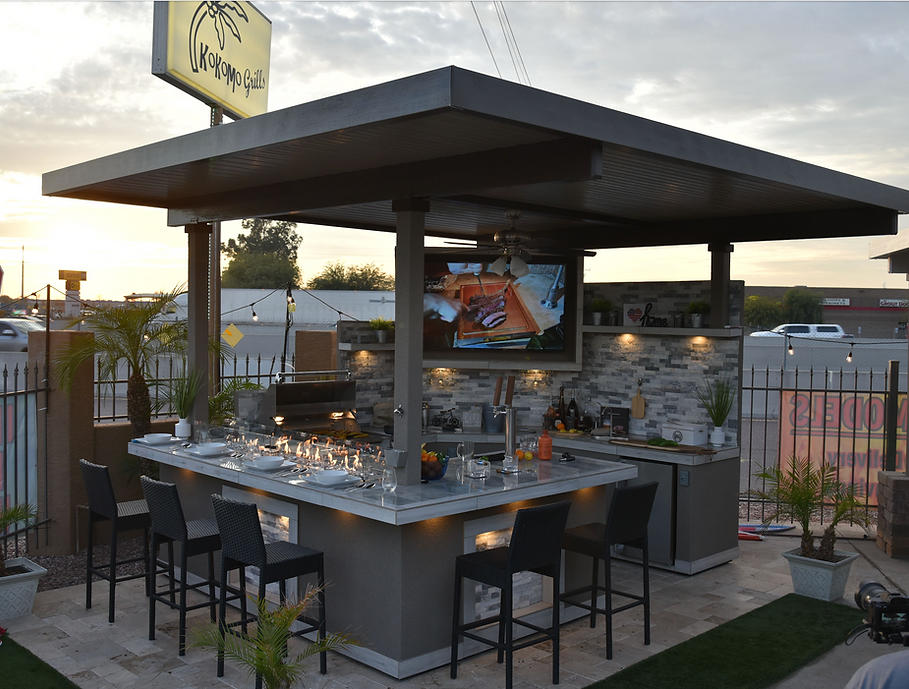 KoKoMo Bermuda Outdoor Kitchen BBQ Island with Built-In TV, Fire Pit & Bar – The Ultimate Backyard Entertaining Hub - Patio Elegance