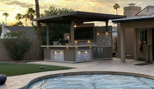 KoKoMo Bermuda Outdoor Kitchen BBQ Island with Built-In TV, Fire Pit & Bar – The Ultimate Backyard Entertaining Hub