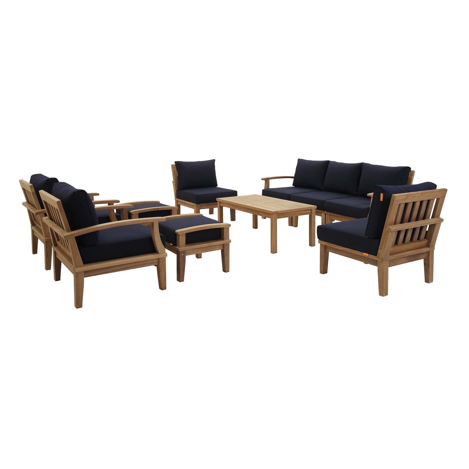 Patio Elegance Marina 10-Piece Outdoor Patio Teak Set – Navy Cushions - Patio Elegance