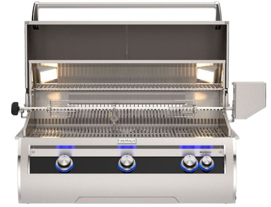 A stainless steel outdoor gas grill