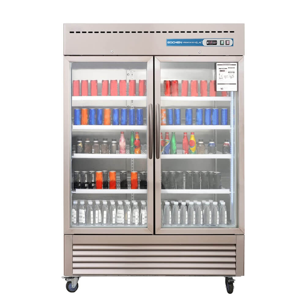 Commercial refrigerator with glass doors displaying various bottles on a white background
