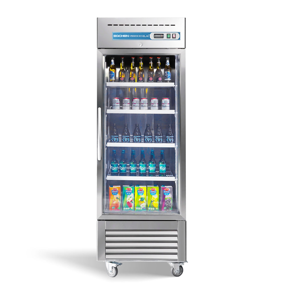 Commercial refrigerator filled with various drinks on a white background