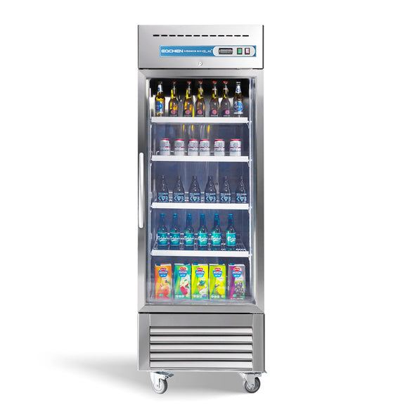 Commercial refrigerator filled with various drinks on a white background