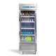 Commercial refrigerator filled with various drinks on a white background