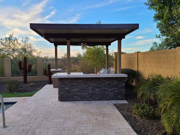 KoKoMo Aruba Outdoor Kitchen BBQ Island with 12' x 12' Pergola – Built-In 4-Burner Grill, Refrigerator, Lighting & More