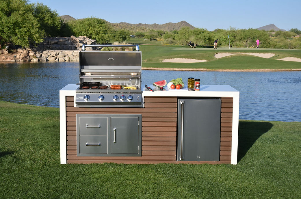 KoKoMo Professional Shiplap Outdoor Kitchen Island with Waterfall Edge – 32” Built-In Grill - Patio Elegance