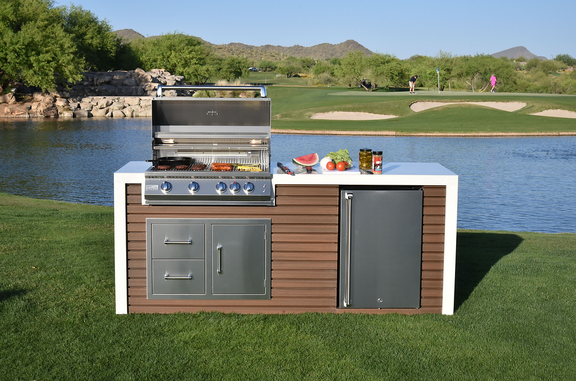 KoKoMo Professional Shiplap Outdoor Kitchen Island with Waterfall Edge – 32” Built-In Grill - Patio Elegance