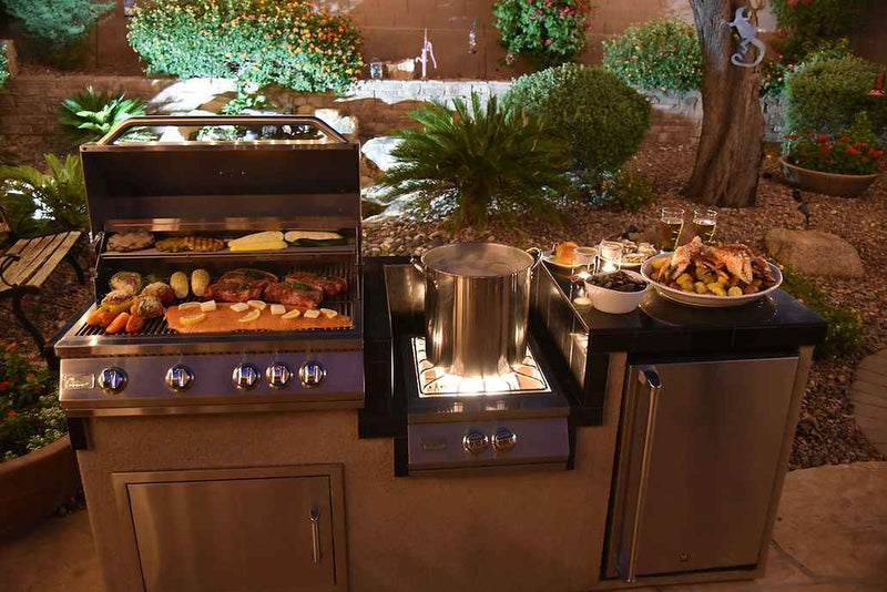 KoKoMo Power Burner Outdoor Kitchen BBQ Island – 7'6" with 4-Burner Grill, Wok Burner & Refrigerator