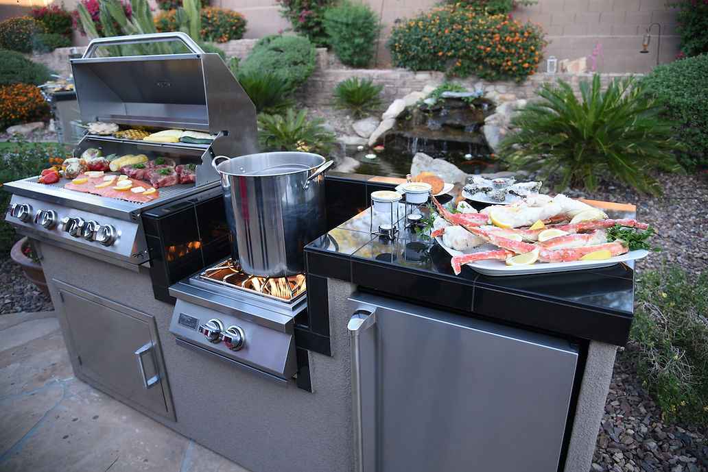 KoKoMo Power Burner Outdoor Kitchen BBQ Island – 7'6" with 4-Burner Grill, Wok Burner & Refrigerator