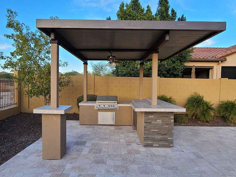 KoKoMo Aruba Outdoor Kitchen BBQ Island with 12' x 12' Pergola – Built-In 4-Burner Grill, Refrigerator, Lighting & More