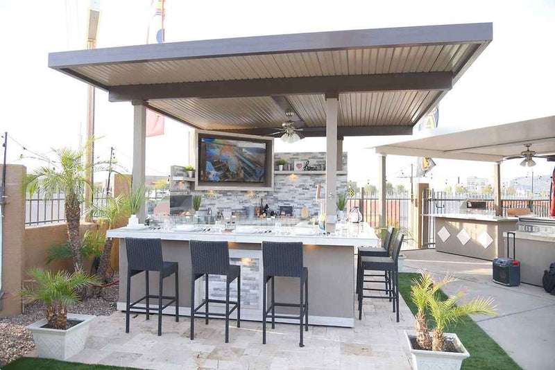 KoKoMo Bermuda Outdoor Kitchen BBQ Island with Built-In TV, Fire Pit & Bar – The Ultimate Backyard Entertaining Hub