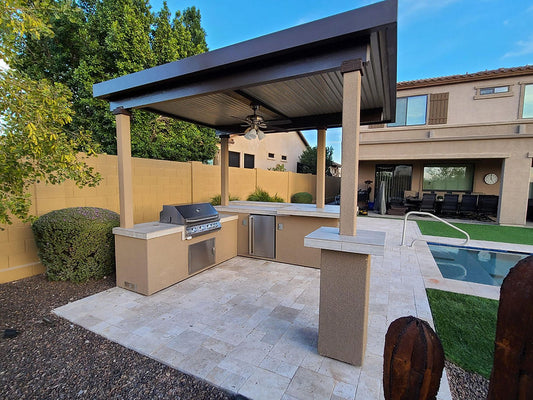 KoKoMo Aruba Outdoor Kitchen BBQ Island with 12' x 12' Pergola – Built-In 4-Burner Grill, Refrigerator, Lighting & More