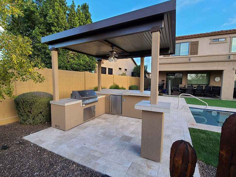 KoKoMo Aruba Outdoor Kitchen BBQ Island with 12' x 12' Pergola – Built-In 4-Burner Grill, Refrigerator, Lighting & More