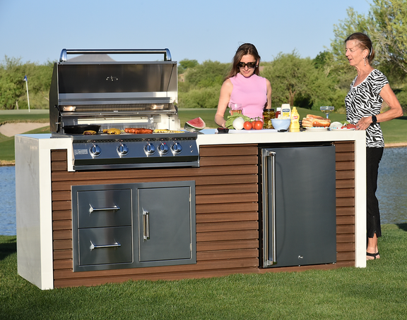 KoKoMo Professional Shiplap Outdoor Kitchen Island with Waterfall Edge – 32” Built-In Grill - Patio Elegance