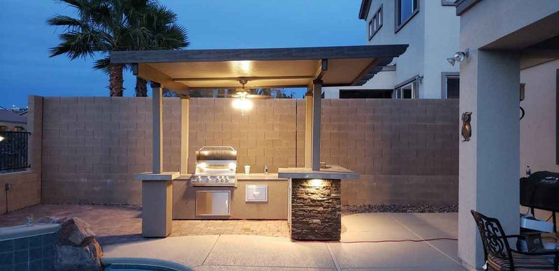 KoKoMo Aruba Outdoor Kitchen BBQ Island with 12' x 12' Pergola – Built-In 4-Burner Grill, Refrigerator, Lighting & More