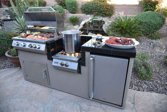 KoKoMo Power Burner Outdoor Kitchen BBQ Island – 7'6" with 4-Burner Grill, Wok Burner & Refrigerator