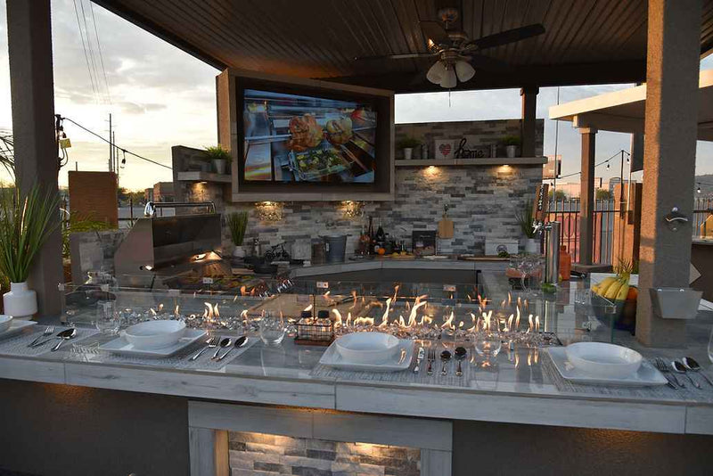 KoKoMo Bermuda Outdoor Kitchen BBQ Island with Built-In TV, Fire Pit & Bar – The Ultimate Backyard Entertaining Hub
