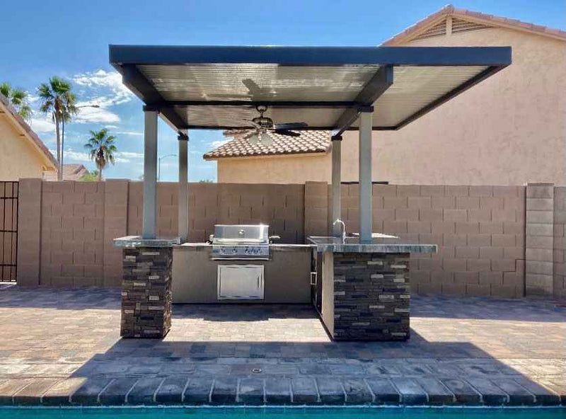 KoKoMo Aruba Outdoor Kitchen BBQ Island with 12' x 12' Pergola – Built-In 4-Burner Grill, Refrigerator, Lighting & More