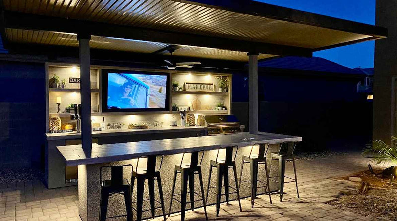 KoKoMo Fantasy Island Outdoor Kitchen Pavilion – 20'x20' Luxury BBQ Island with 70" TV, Bar, Grill, Kegerator & More