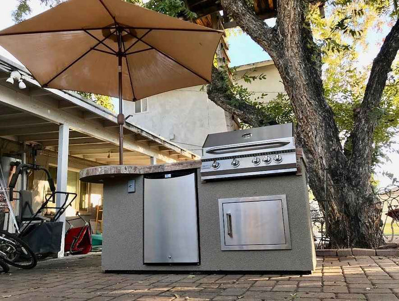 Kokomo Grill Maui 7'6" BBQ Island With 33" Round Bar on one end Led Lights and Built In BBQ
