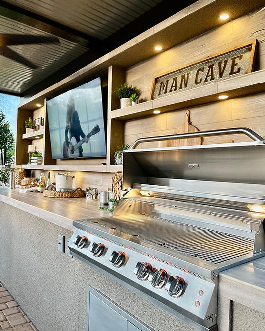 KoKoMo Fantasy Island Outdoor Kitchen Pavilion – 20'x20' Luxury BBQ Island with 70" TV, Bar, Grill, Kegerator & More