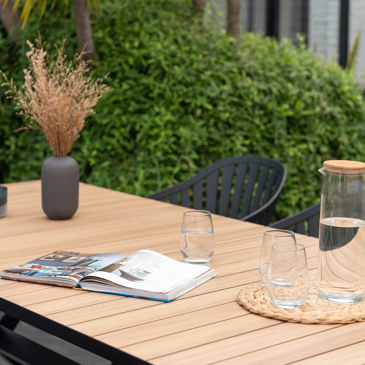Panama Dark Rectangular Table and 6 Nassau Black Aluminum