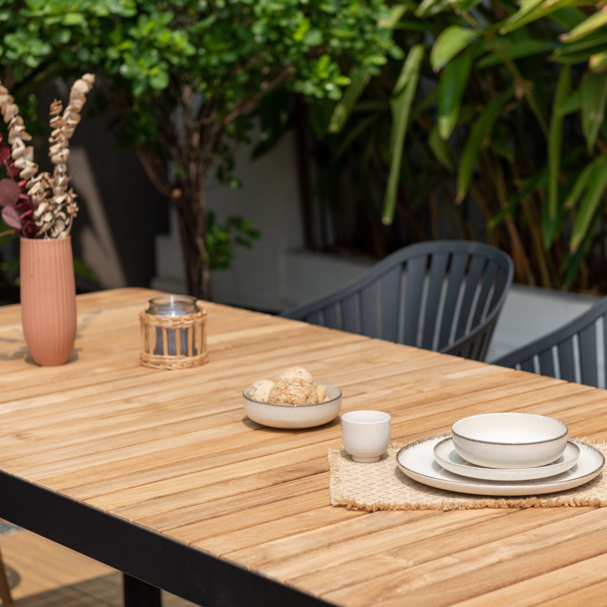 Portals Dark Rectangular Teak Table and 8 Nassau Black Dining Set