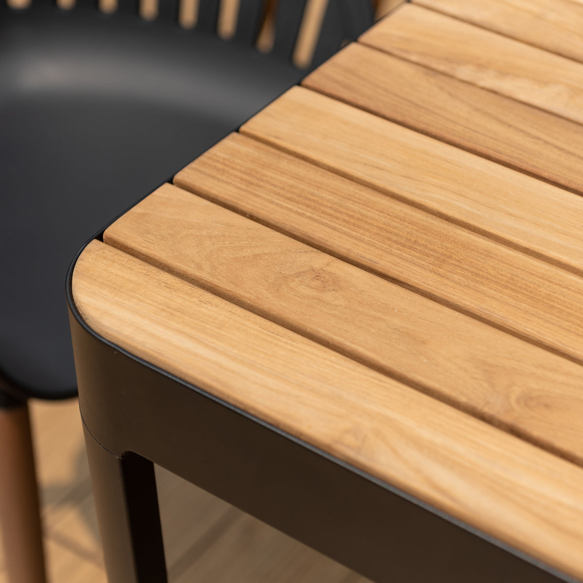 Portals Dark Rectangular Teak Table and 8 Nassau Black Dining Set
