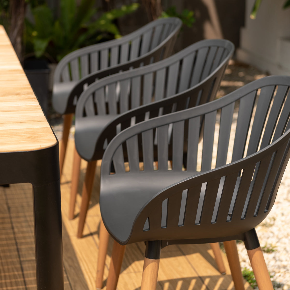 Portals Dark Rectangular Teak Table and 8 Nassau Black Dining Set