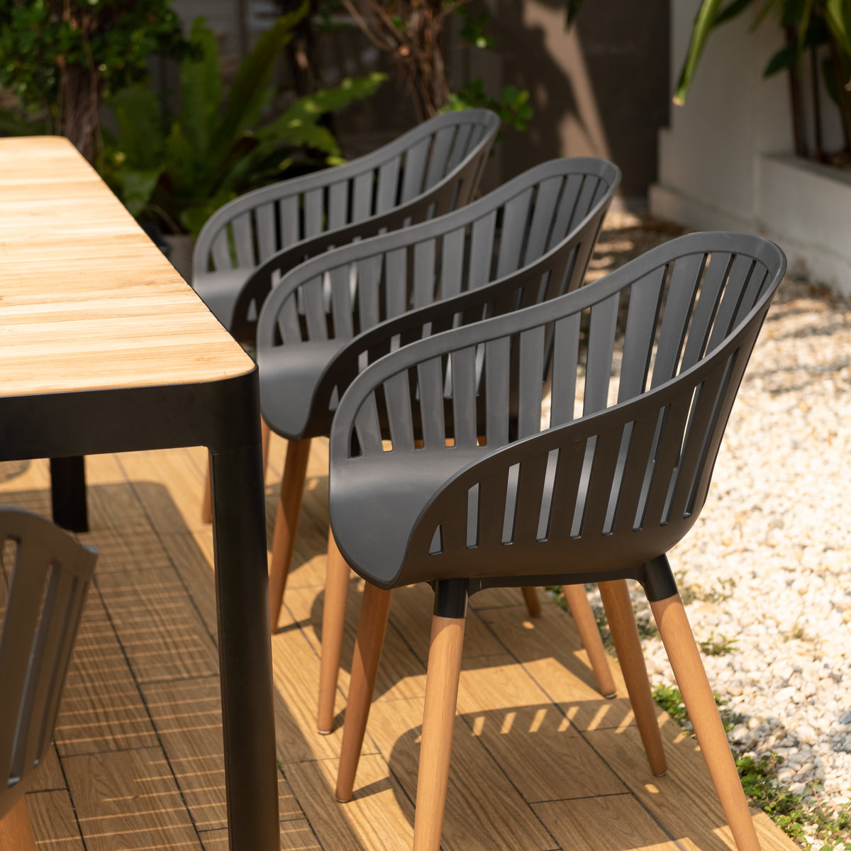 Portals Dark Rectangular Teak Table and 8 Nassau Black Dining Set