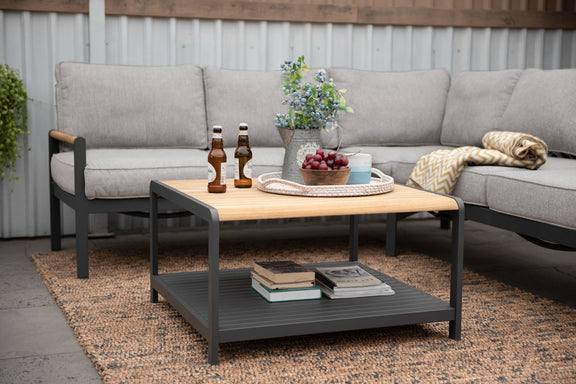 A modern two-tier outdoor coffee table