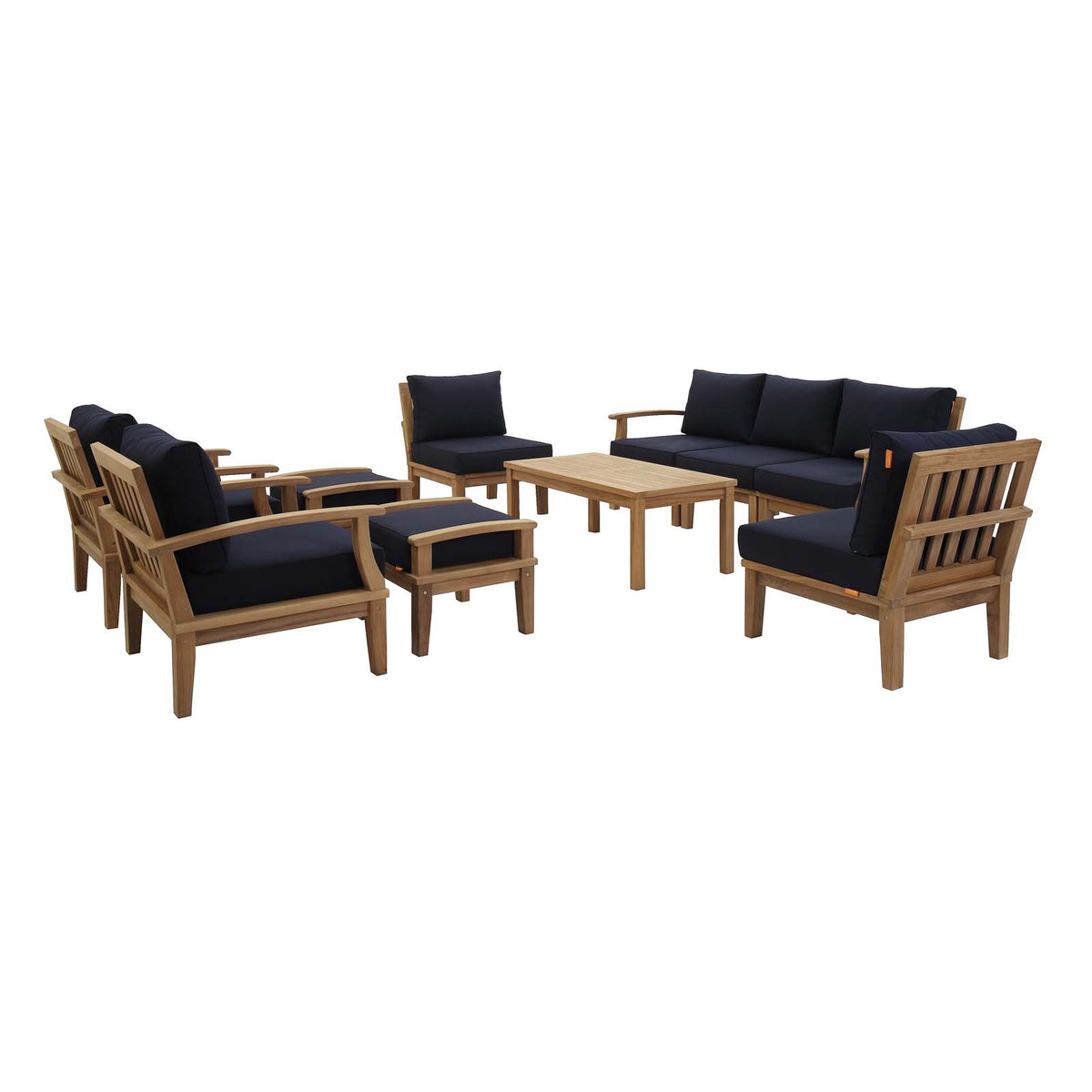 Patio Elegance Marina 10-Piece Outdoor Patio Teak Set – Navy Cushions