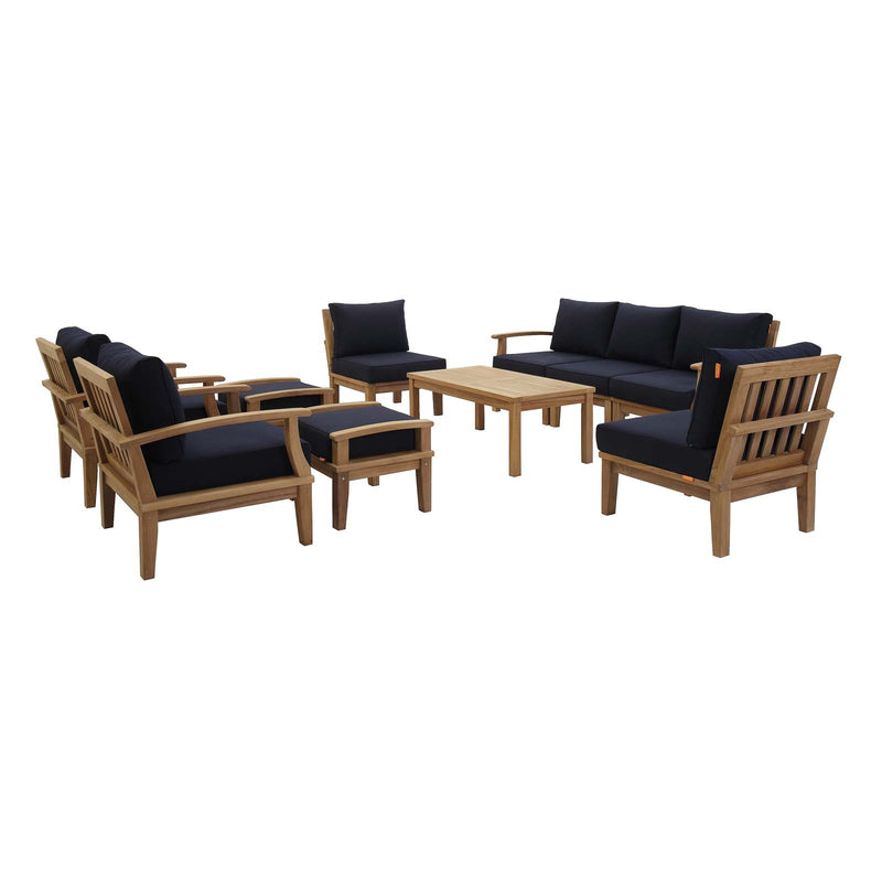 Patio Elegance Marina 10-Piece Outdoor Patio Teak Set – Navy Cushions - Patio Elegance