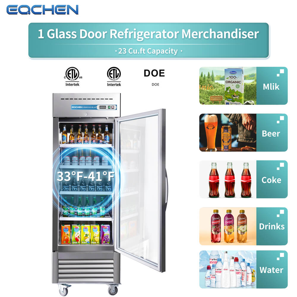 Glass door refrigerator merchandiser with product categories displayed on a white background