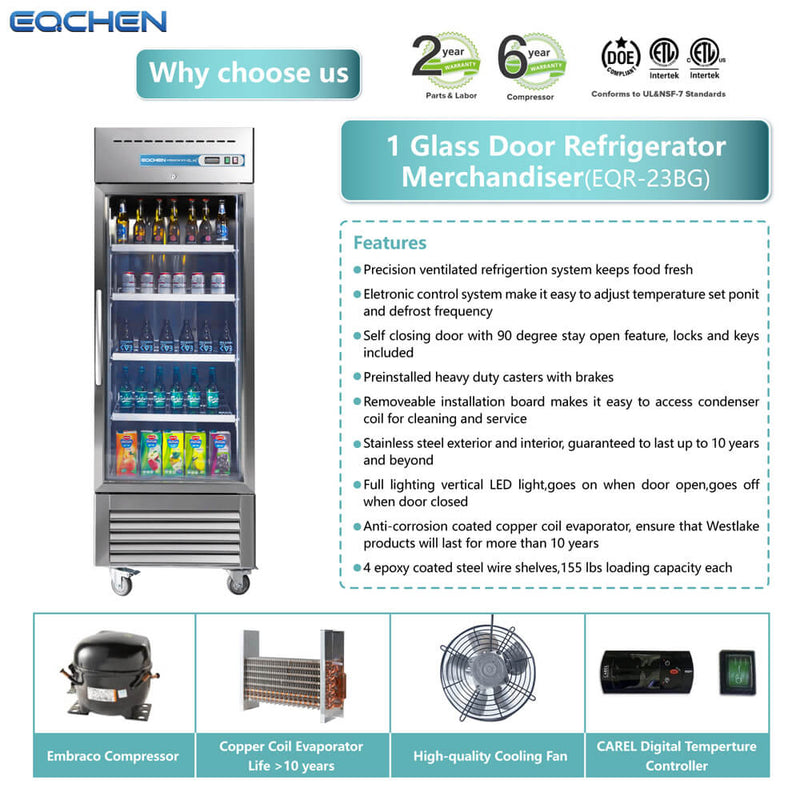 Glass door refrigerator merchandiser with features and specifications listed on a white background.