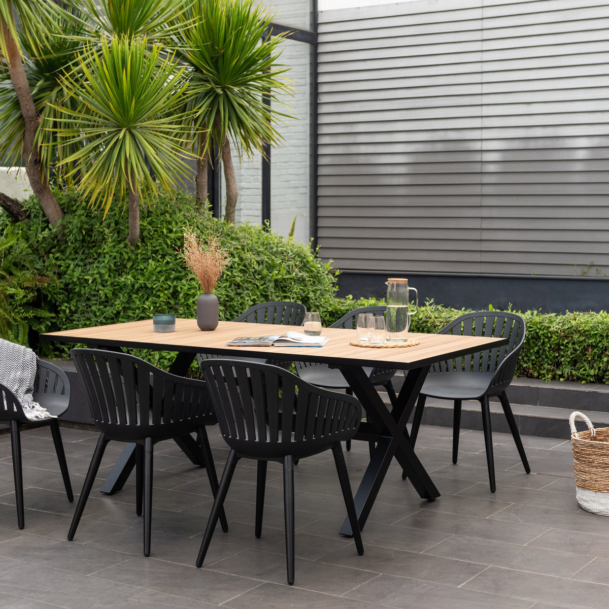Panama Dark Rectangular Table and 6 Nassau Black Aluminum