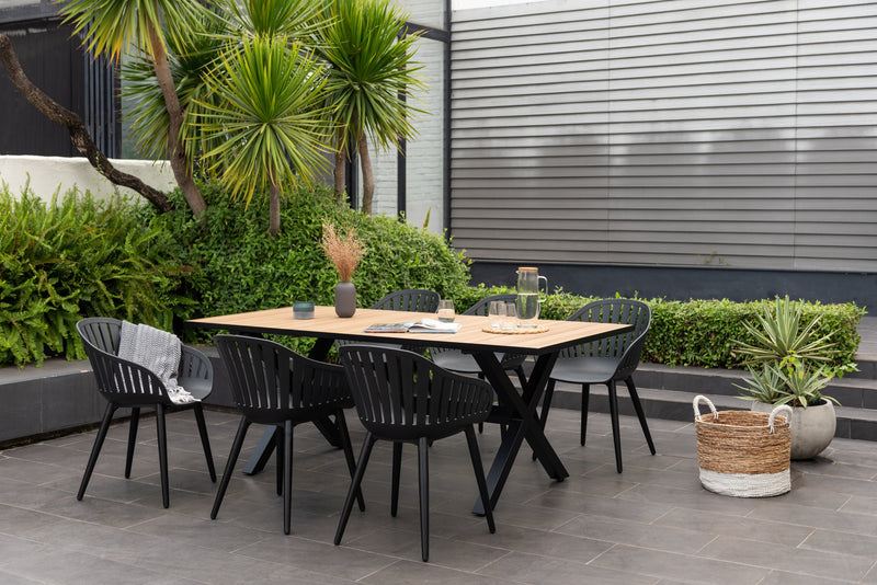 Panama Dark Rectangular Table and 6 Nassau Black Aluminum