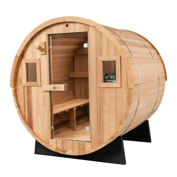 Wooden barrel sauna with interior view on a white background