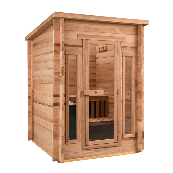 Wooden sauna with glass door on a white background
