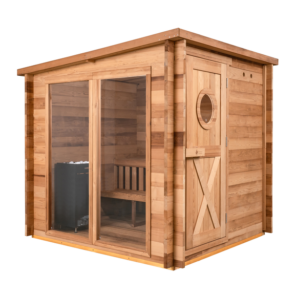 Wooden sauna with glass door on a white background