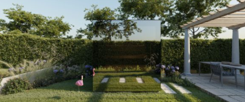 Backyard with outdoor movie screen, lawn chairs, and a gazebo.