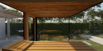 Wooden deck with a view of a garden and house