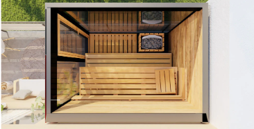 Wooden sauna with glass doors on a white background