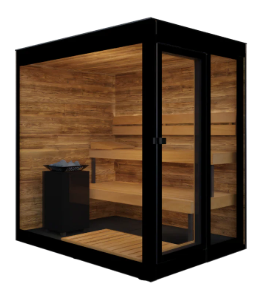 Wooden sauna with black frame on a white background