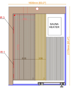 Diagram of a sauna heater with dimensions and labels