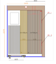 Technical drawing of a bathroom partition with dimensions and labels.