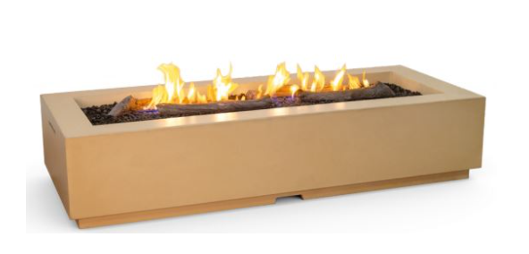Rectangular outdoor fire pit with flames 