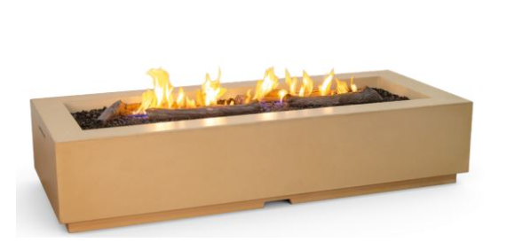 Rectangular outdoor fire pit with flames 