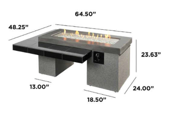 Measurement chart of a fire pit table with dimensions